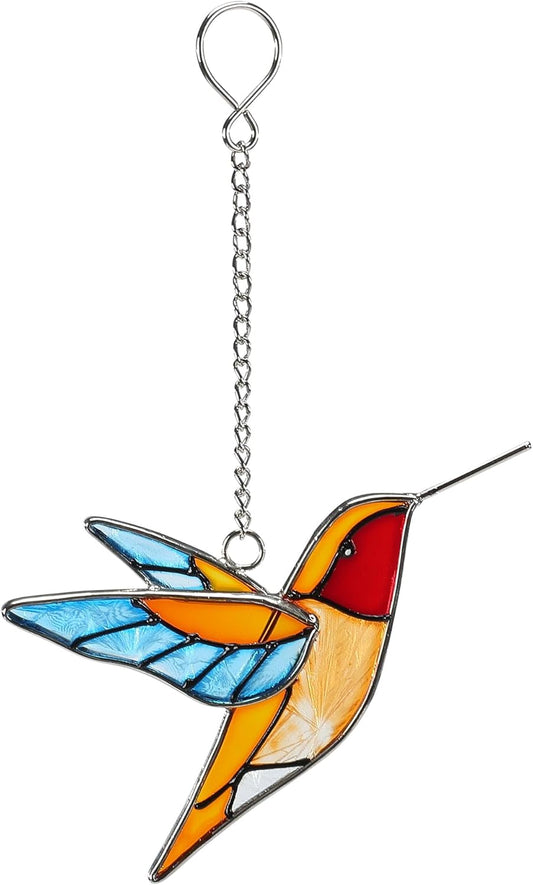 Handmade Stained Glass Hummingbird Hanging Ornament - Colorful 4.3x4.9