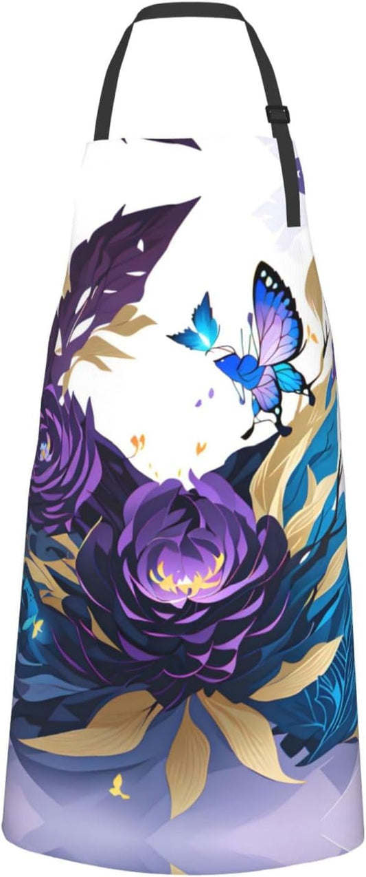 Purple Butterfly print Waterproof chef's apron with pocket apron for kitchen cooking baking barbecue and gardening