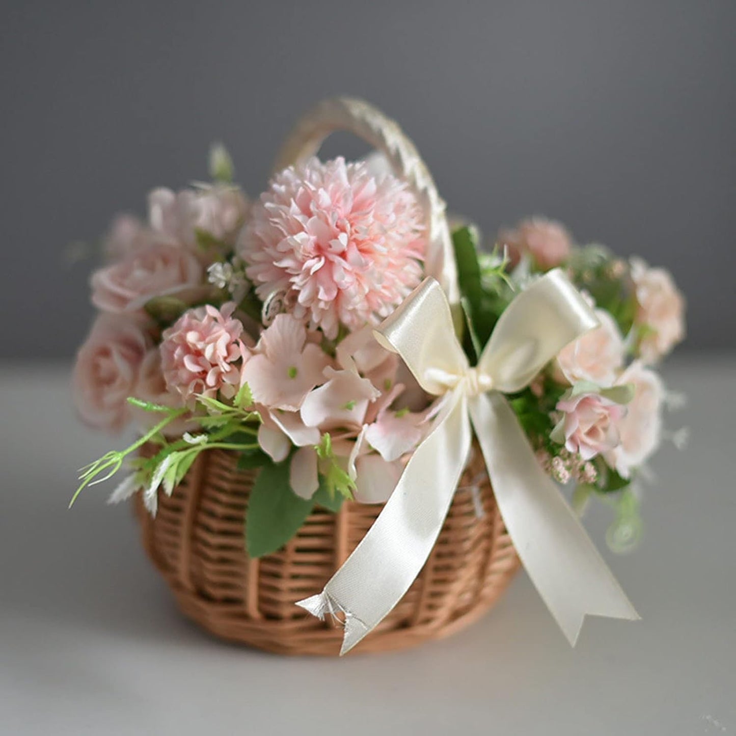 2 PCS Rattan Flower Basket.Flower Girl Carry Basket with Lace Bow Lined Handmade Wicker Carry Basket for Vintage Wedding Garden Decor