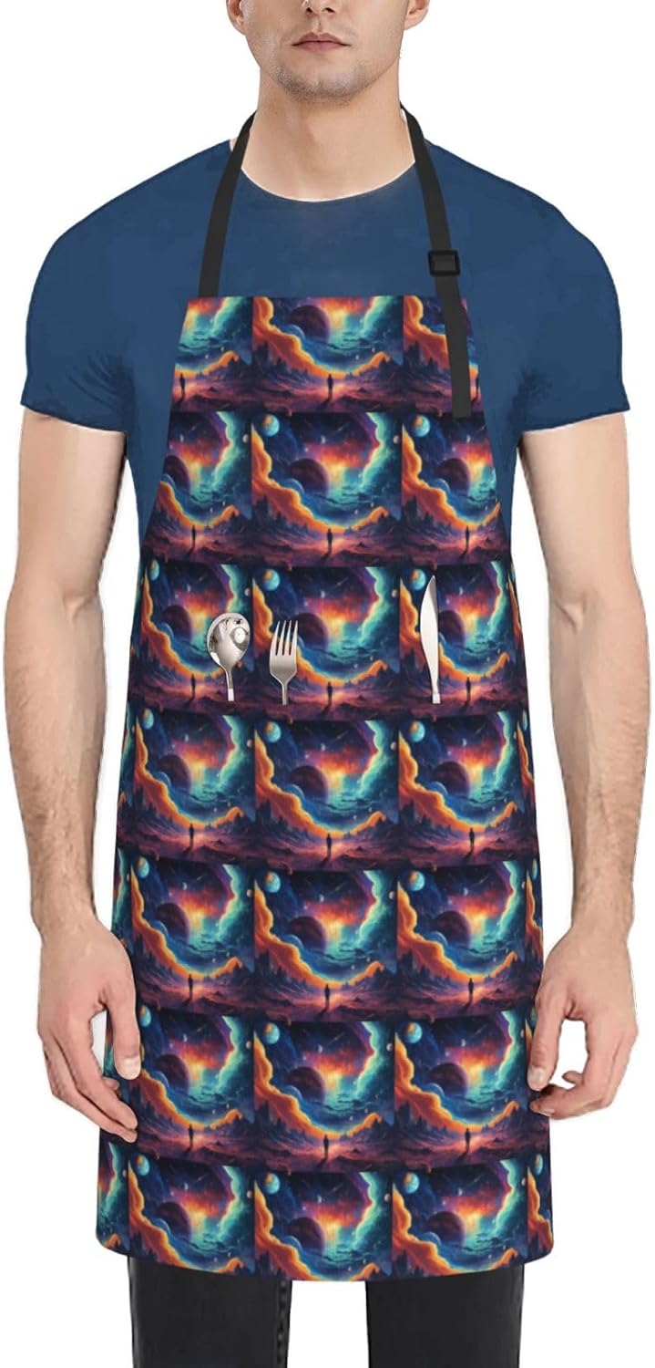 YANYU Galaxy planet Print 28x33 In Kitchen Apron Stylish Chef Apron with Pockets for Cooking Baking Painting