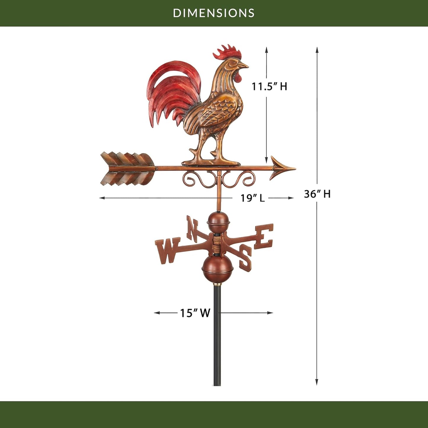 Good Directions Bantam Red Rooster Copper Weathervane, Hand Finished Multi Color Patina