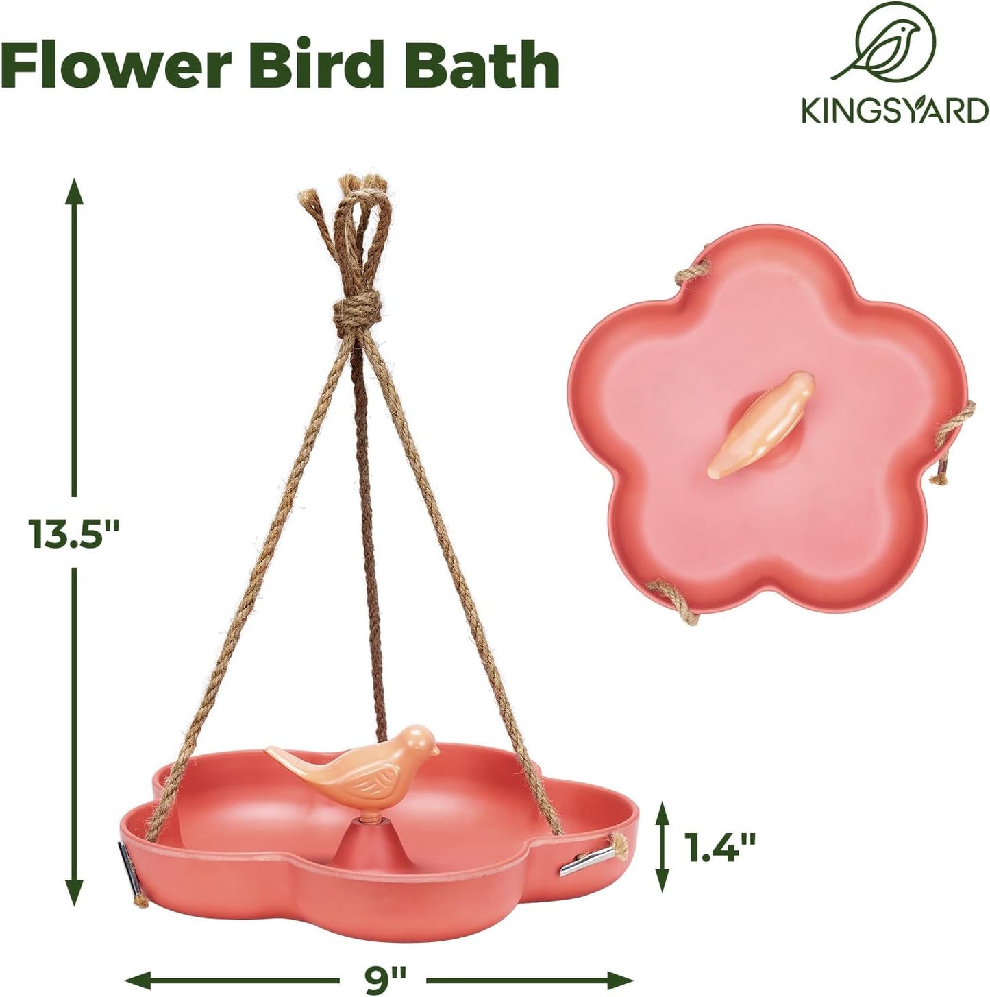 Kingsyard Hanging Bird Feeder and Bath for Outside, 9" Vintage Imitation Ceramic Platform Bird Feeder Tray for Outdoors, Heavy Water Bowl Birdbaths for Garden Patio Decoration Gifts, Orange