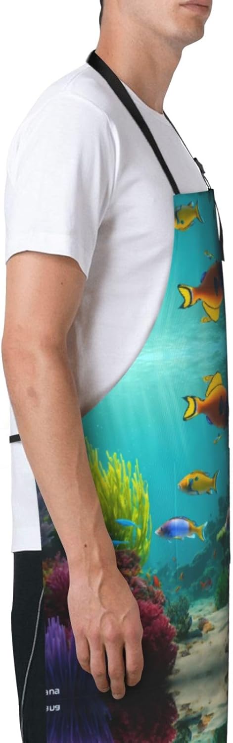 Cute Blue Fish Print Laundry apron 28x33 In Waterproof Kitchen Apron with Pockets for Cooking Baking