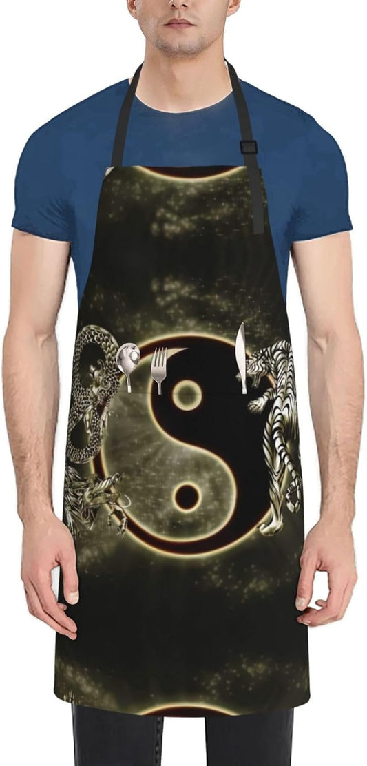 yin yang Dragon Tiger Print 28x33 In Adult Kitchen Apron with Pockets Versatile Chef Smock for Cooking Baking
