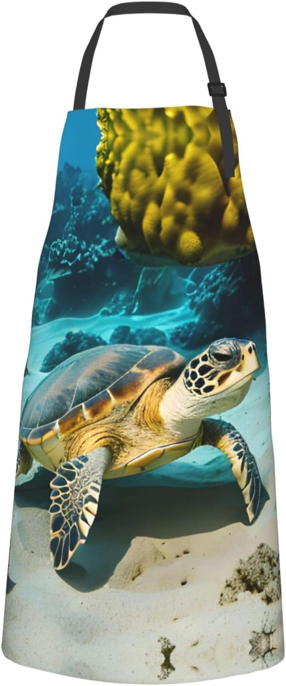 Sea Turtle Print 28x33 In Adult Kitchen Apron with Pockets Versatile Chef Smock for Cooking Baking