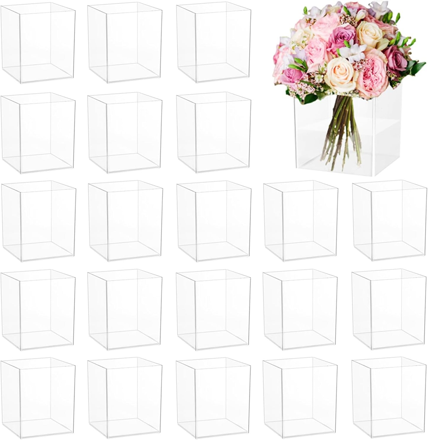 24 Pack Acrylic Vases for Centerpiece, Acrylic Cube Plastic Flower Vase Bulk Succulent Pots Planters Clear Small Square Opening Plastic Vases for Centerpiece Wedding Party Home Office, 4 x 3 x 3 Inch