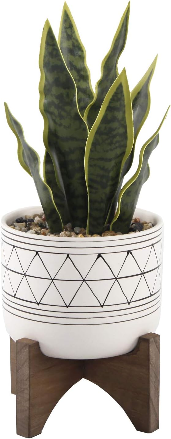 Flora Bunda Large 12" Realistic Looking Artificial Snake Plant in Geo Paint Ceramic Pot with Wooden Stand for Outdoor Indoor Home or Office Décor Artificial Plant, Fake Plant
