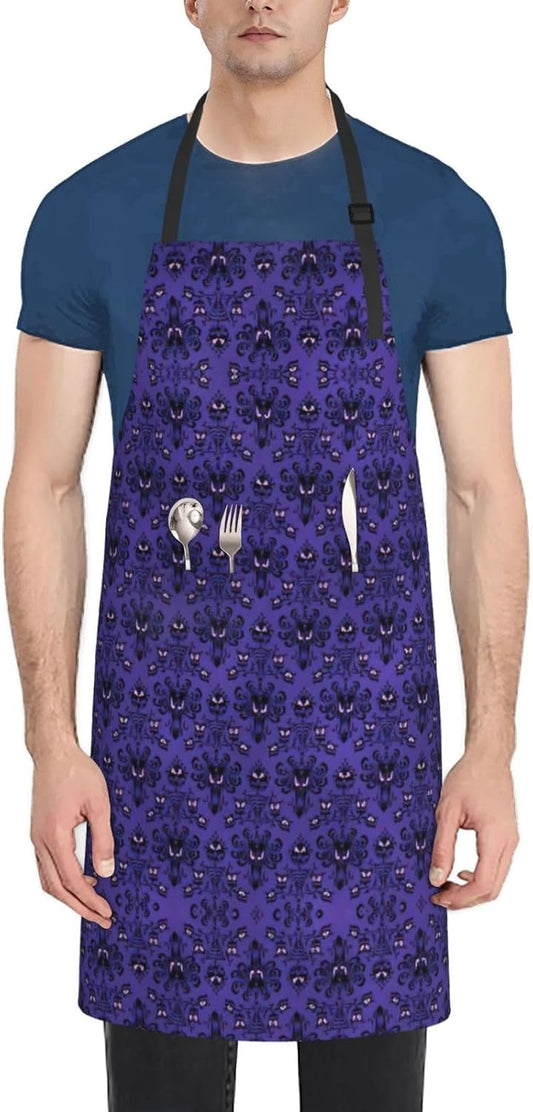 Haunted Mansion Print 28x33 In Adult Kitchen Apron with Pockets Versatile Chef Smock for Cooking Baking