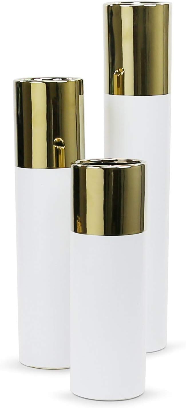 WGV Ceramic Cylinder Vase Width 4" Height 20" Elegant Unique Modern Matte Floral Container Planter Pot Centerpiece for Event Party Wedding Office Home Decor Gold White 1 Piece