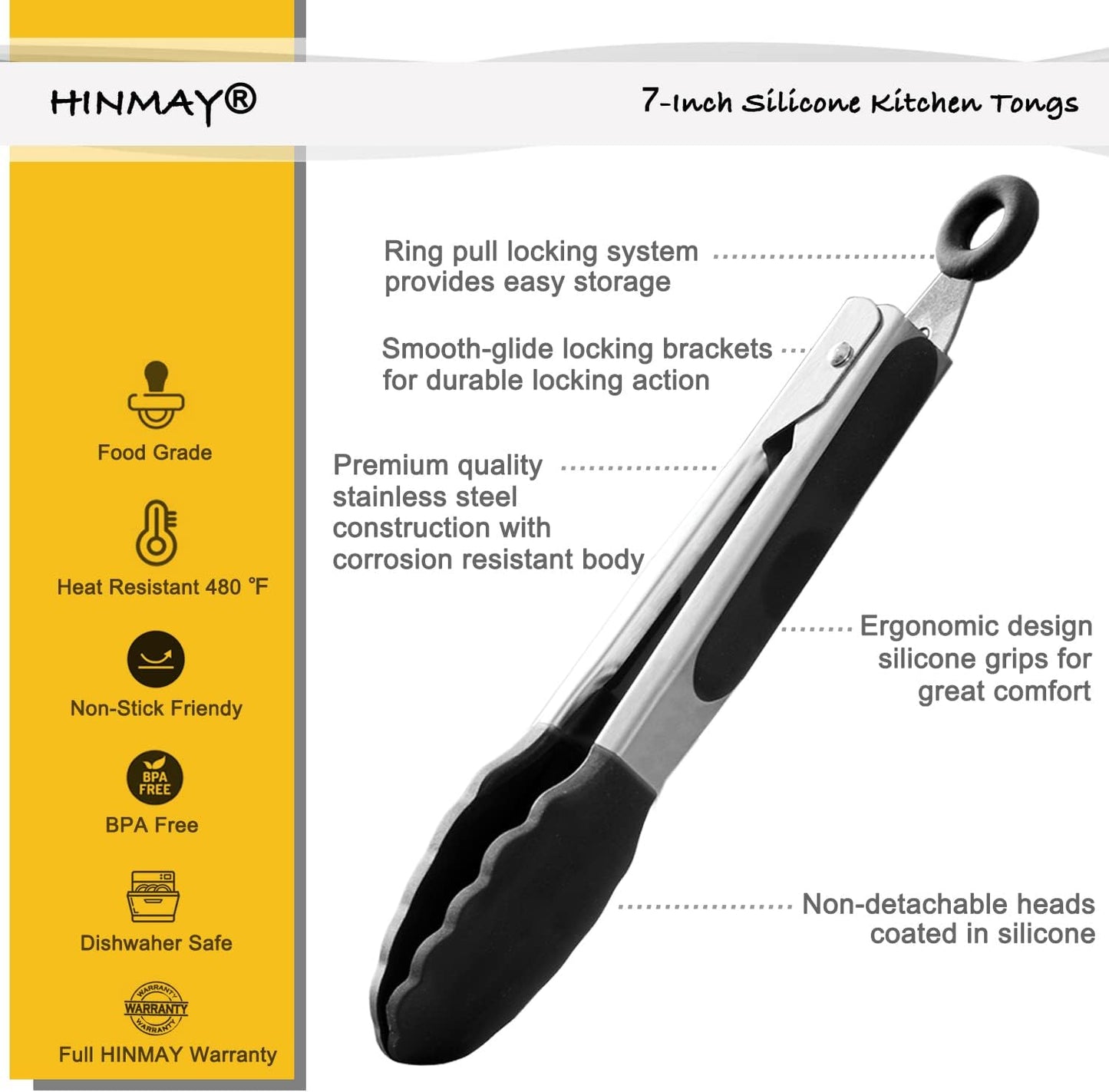 Small Silicone Tongs 7-Inch Mini Serving Tongs, Set of 3 (Black Gray White)