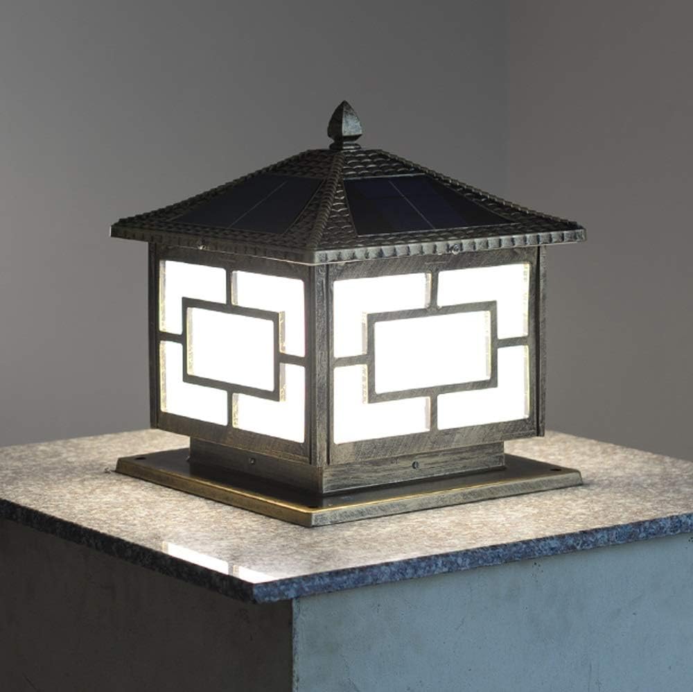 Vintage 25CM Solar Column Headlight Remote Control Outdoor Waterproof Garden Light Home Door Chinese Villa Wall Lamp Acrylic Lampshade Two-Color Source Deck Patio(Black)