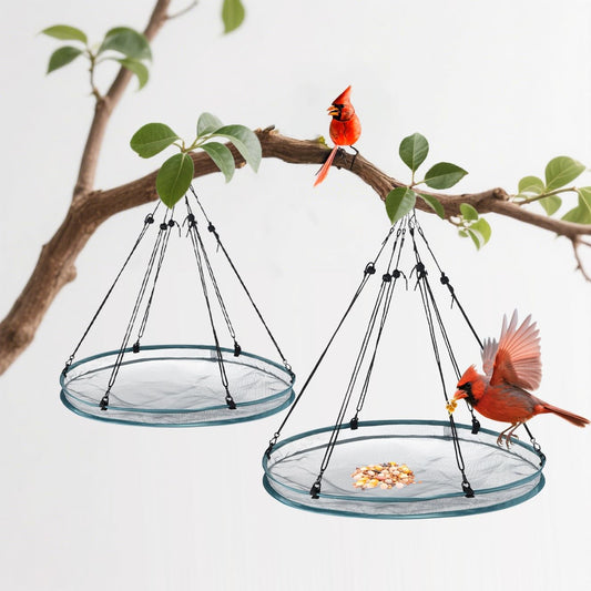 2 Pack Feeder Bird Seed Catcher Tray - Diameter Durable Outdoor Bird Feeding Platform with Adjustable Hanging Hoop and Seed Guard (Green, 24")