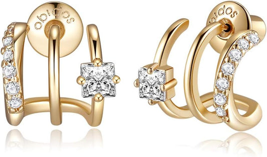 Obidos 14K Gold Plated Illusion Stud Earrings for Women | Triple Huggi