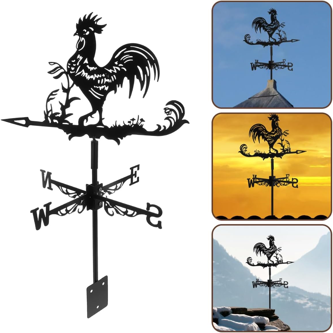 23.42 Inch Wrought Iron Rooster Weather Vane Metal Wind Direction Indicator for Garden Outdoor Lawn Farmhouse Decor