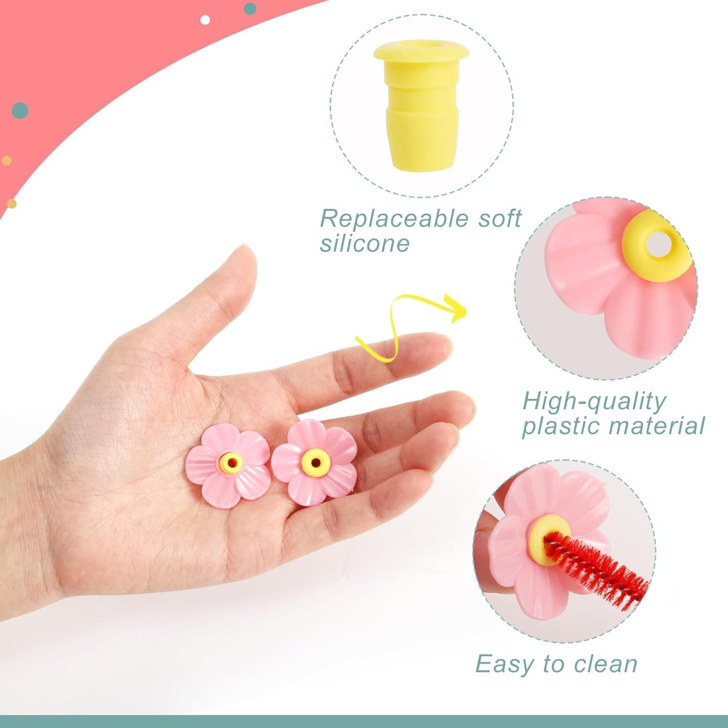 30 Pieces Hummingbird Feeders Replacement Flowers and 2 Cleaning Brushes, Feeding Ports Replacement Bird Feeder Replacement Parts for Hanging Feeding Hummingbird Outdoors(Pink)