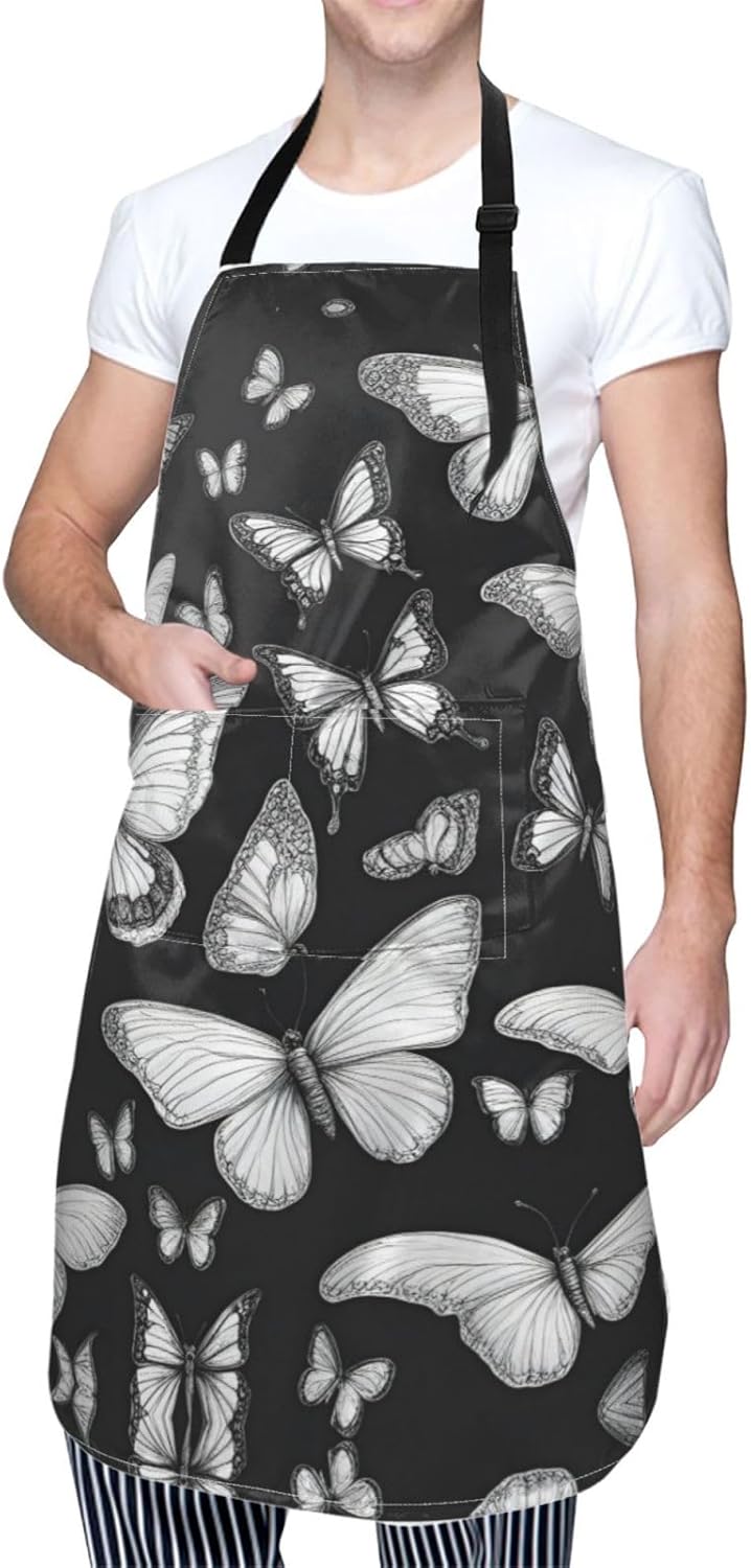 Hand drawn color butterfly 1 print Waterproof chef's apron with pocket