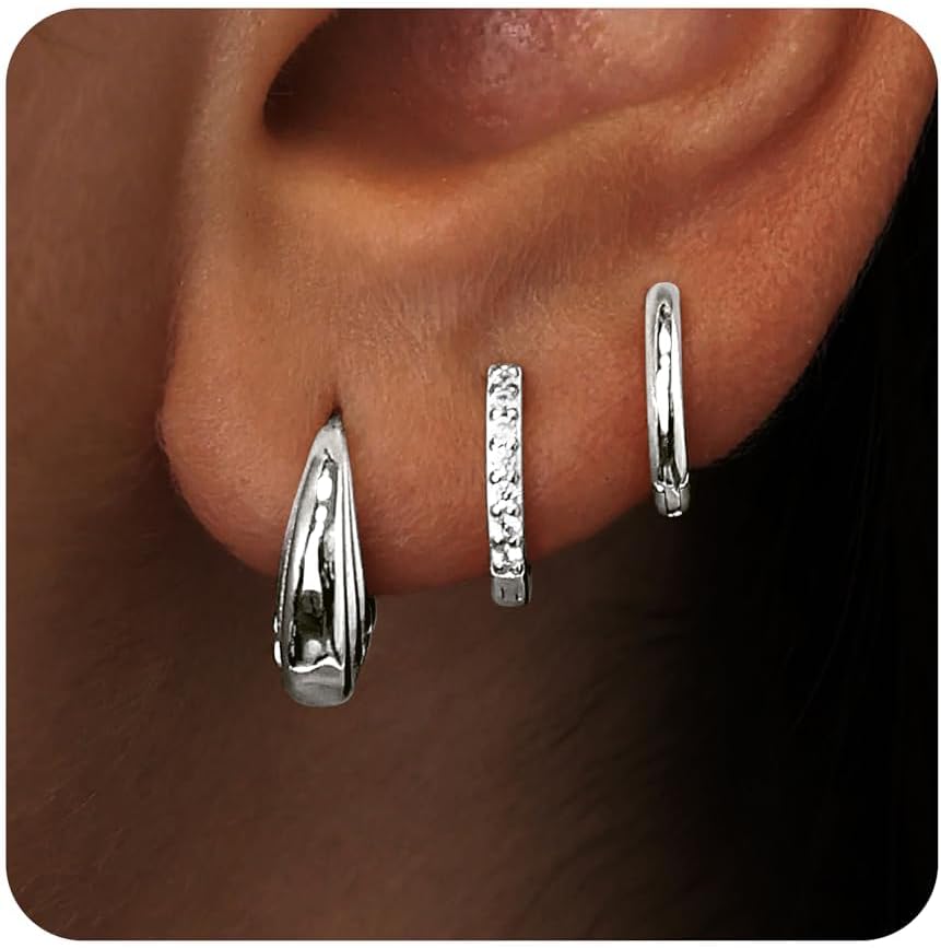 Small Sterling Silver Huggie Hoop Earrings Set for Women, Hypoallergen