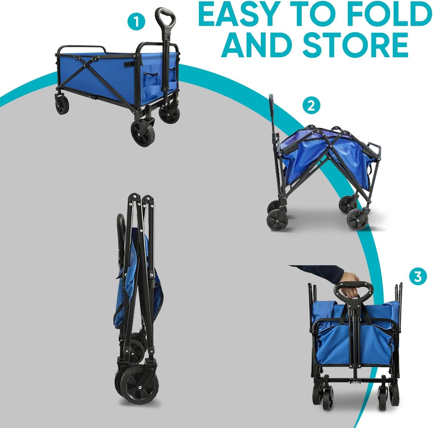 Collapsible Wagon with Quiet Wheels - Silent Grocery Shopping Cart for Seniors, Foldable Utility Cart for Laundry & Apartment, Washable Heavy Duty Rolling Wagon with Two Mesh Pockets, Blue