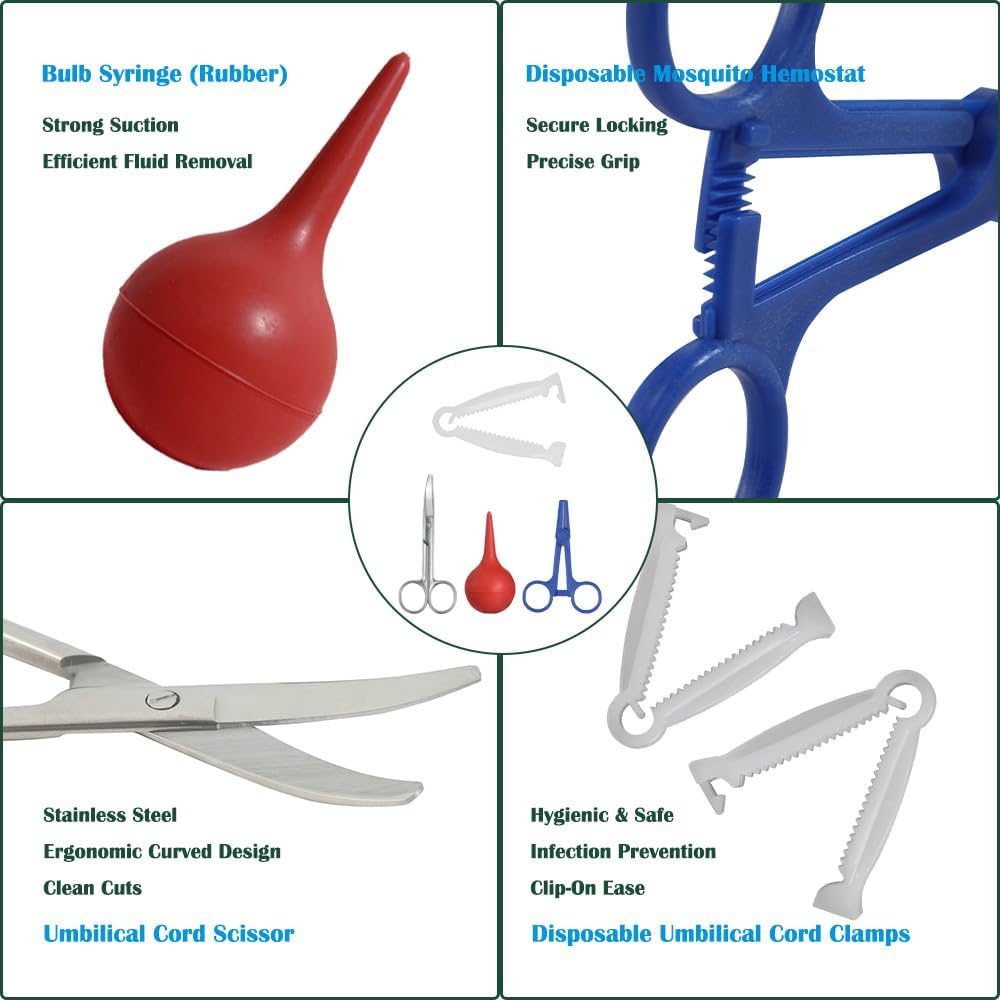 Animal Birth Kit with Curved Scissors | Disposable Umbilical Clamps, H