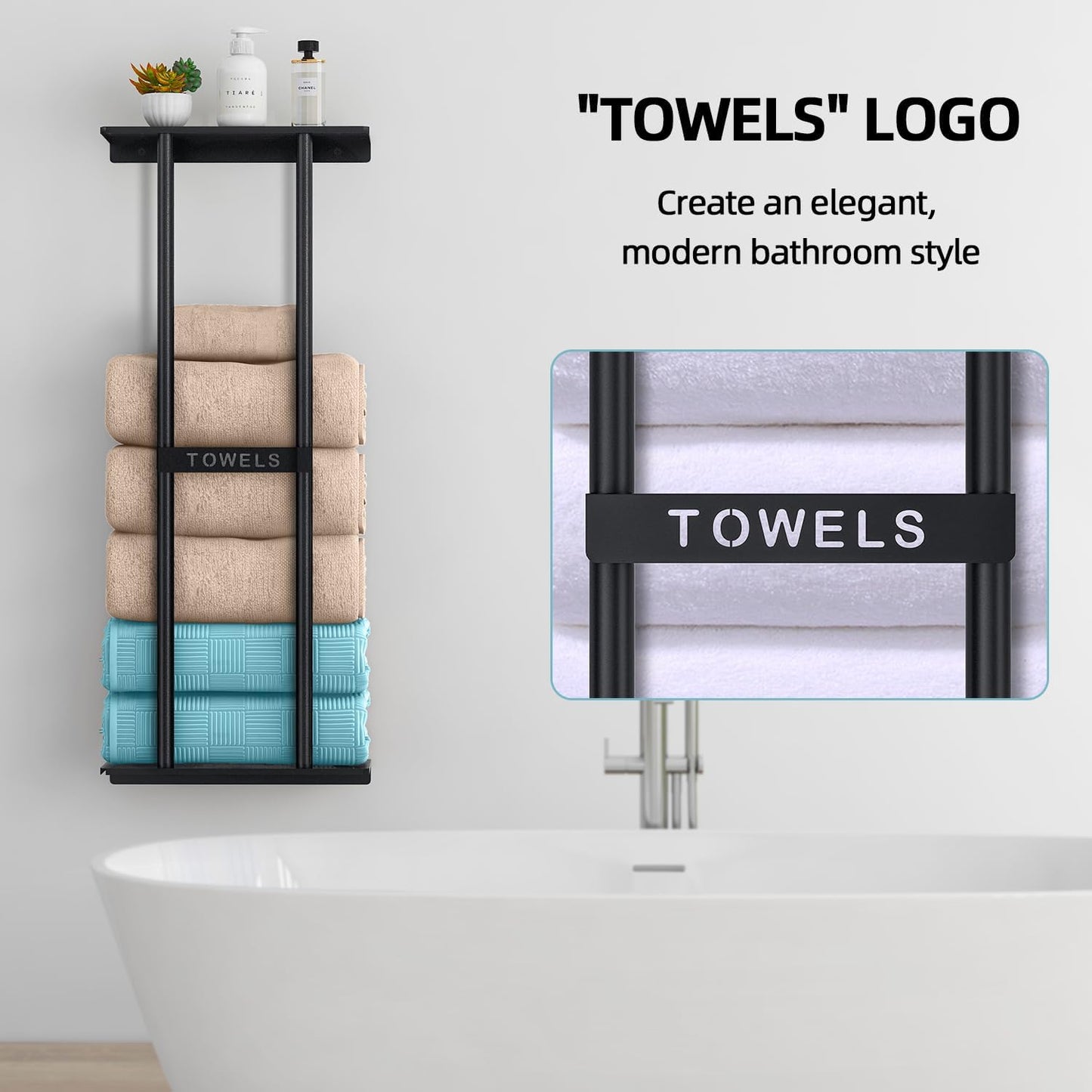 Towel Racks for Bathroom, Bathroom Towel Storage Wall Mounted 30 inch with Shelf Can Holds 6 Large Towels, Wall Towel Rack for Rolled Towels, Black