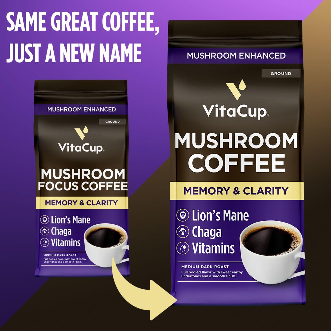 VitaCup Mushroom Coffee Grounds, with Lions Mane, Chaga, B Vitamins, D3, Boost Focus, Immunity, Memory & Clarity, Medium Dark Roast, Bold & Smooth 100% Arabica Specialty, 10 Oz