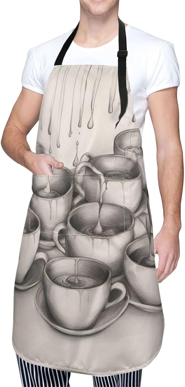 Hand Drawn Teapots and Cups print Waterproof chef's apron with pocket apron for kitchen cooking baking barbecue and gardening