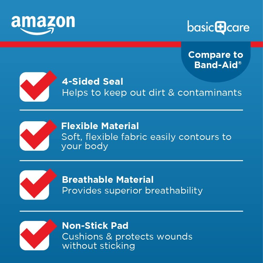 Amazon Basic Care Flexible Fabric Adhesive Bandages, First Aid for Wou