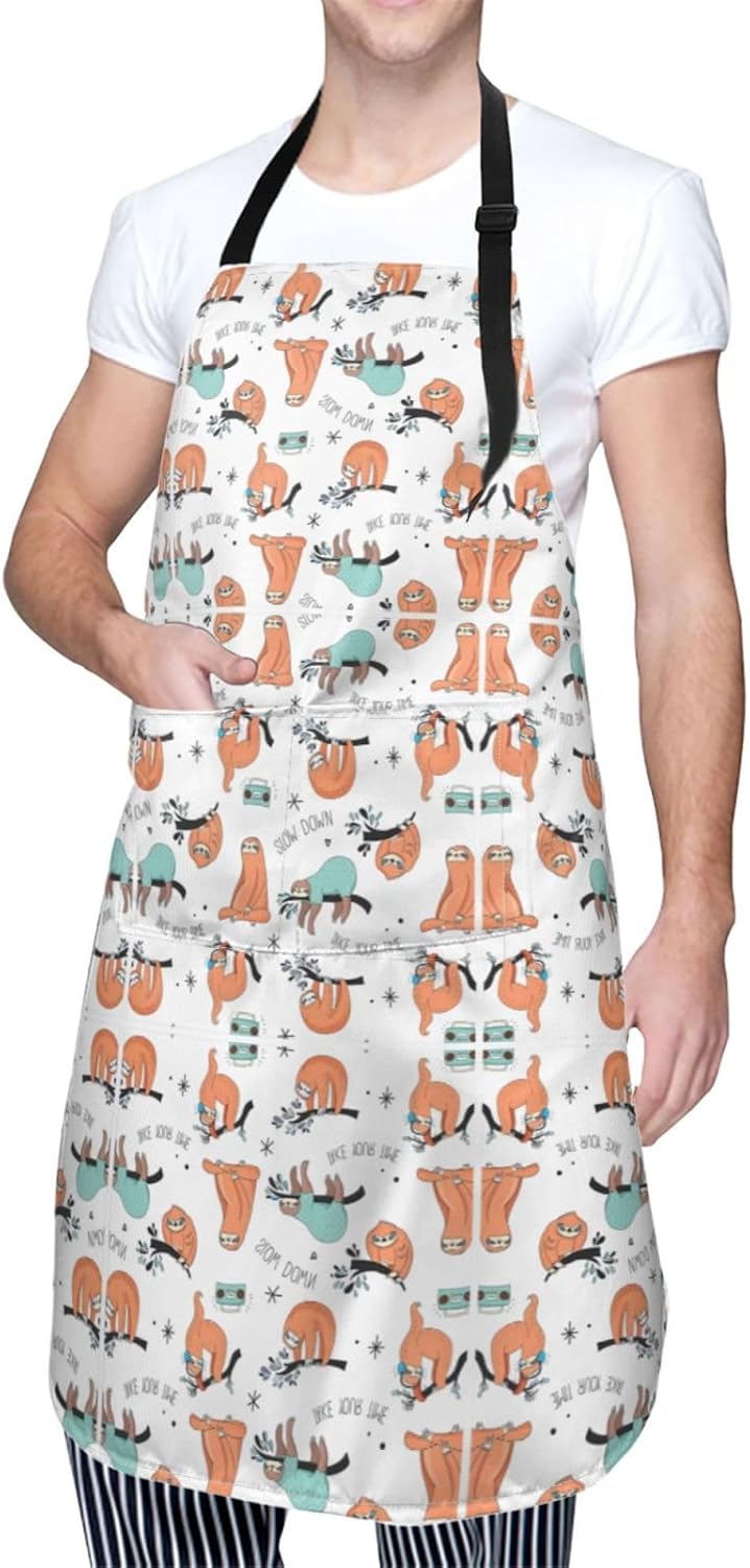 funny Cute Animal Sloth Music Print 28x33 In Adult Kitchen Apron with Pockets Versatile Chef Smock for Cooking Baking