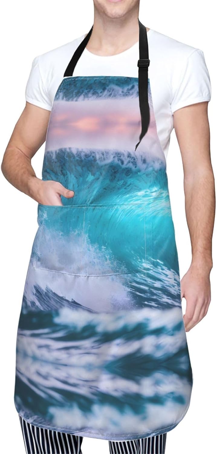 Blue Ocean Wave Print Laundry apron 28x33 In Waterproof Kitchen Apron with Pockets for Cooking Baking