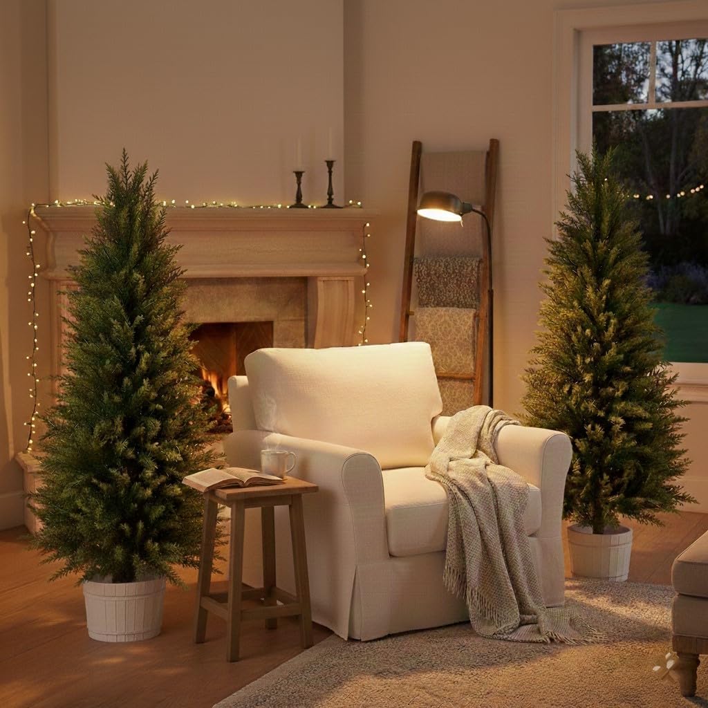 4FT Artificial Cedar Topiary Trees (Set of 2) - UV Resistant Outdoor Indoor Potted Plants, Realistic Faux Cedar Bushes for Porch, Front Door, Patio, Home & Office Decor, No Maintenance