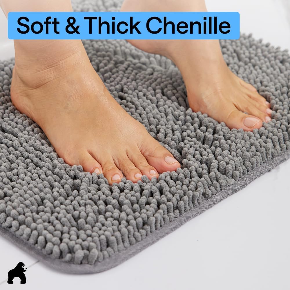 GORILLA GRIP Bath Rug Mat, Thick Soft Absorbent Chenille, Quick Dry Microfiber Mats, Rubber Backing Washable Shower Floor Rugs, US Designed Bathroom Bathmat Home Decor Accessories, 24x17, Grey
