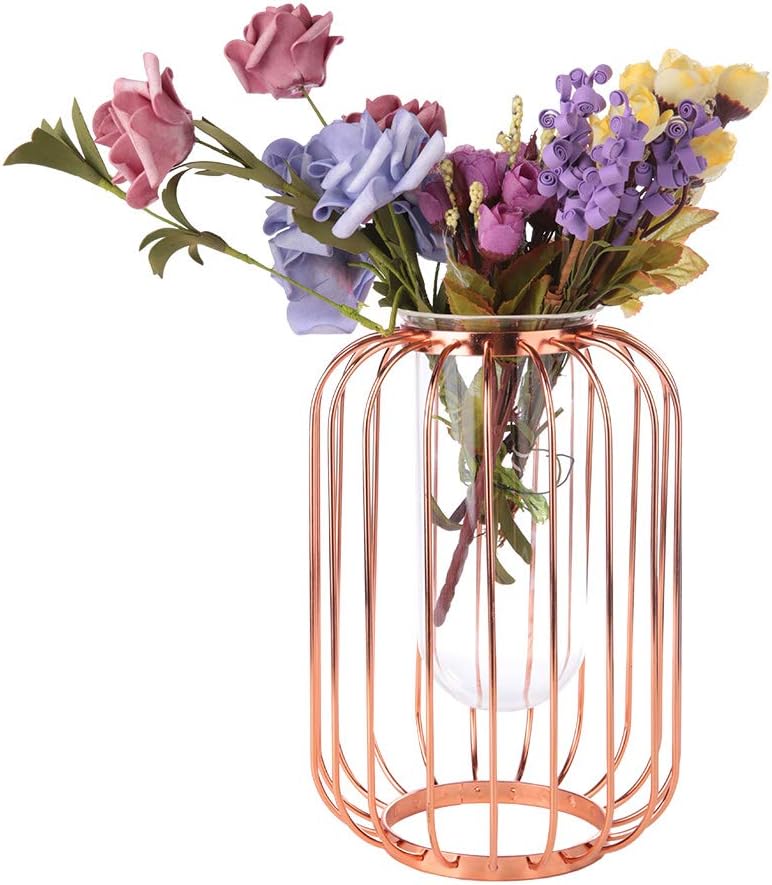 Lantern Shaped Wrought Iron Vase with Glass, Creative Simple Design fo