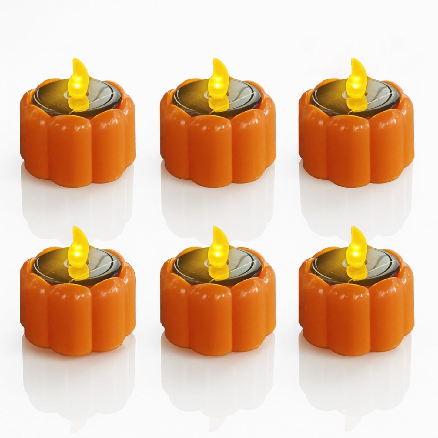 6PCS Orange Solar Pumpkin Tea Lights Outdoor Candle,Autumn Flameless Candles Battery Operated IP44 Waterproof Reusable for Halloween Christmas Party,Fall Garden Camping Home Decor