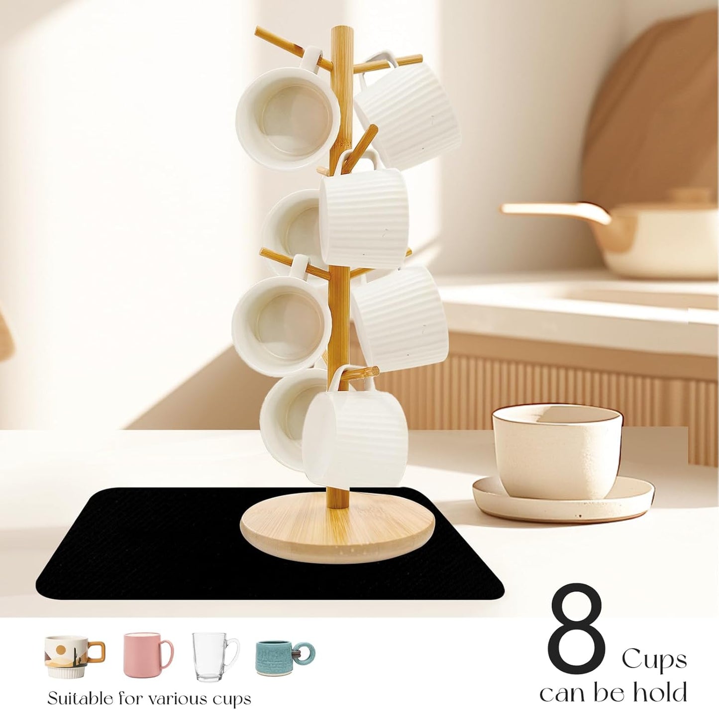 SNAIL GARDEN Coffee Mug Holder with Absorbent Drying Mat, 8-Hook Wood Coffee Cup Stand,Mug Tree Coffee Cup Holder for Kitchen Countertop, Cup Hanger Mug Racks for Bar & Office Organizer