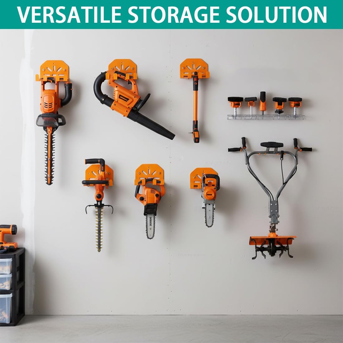 Wall Mounted Tool Holder for Garage & Garden - Heavy Duty Trimmer Rack for Weed Eater, Hedge Trimmer, Lawn Mower & Power Tools, Orange (2)