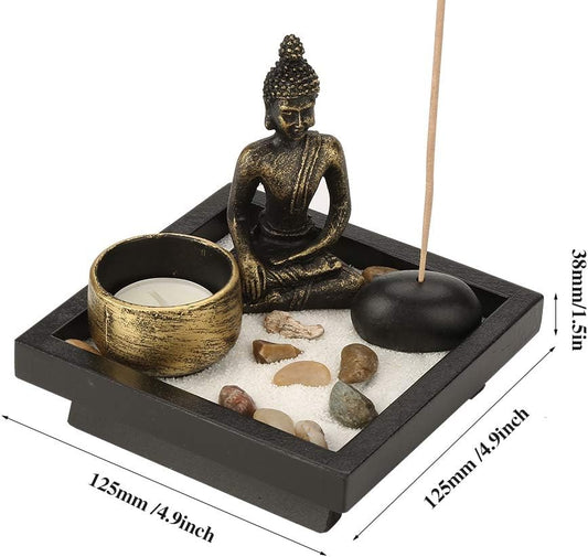 Desktop Zen Garden Kit, Mini Buddha Statue Tealight Candle Holder Ornament for Yoga Meditation Home Table Decor Gift