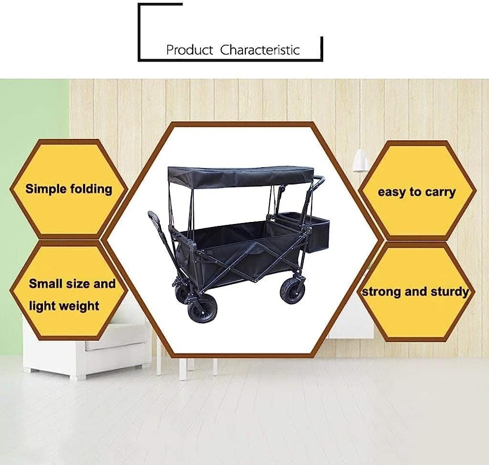 Handcart, Folding Portable Trolley Cart with Canopy, Multifunction Shopping Cart Heavy Duty Wagon for Outdoor/Camping/Mall, Children's Luggage Cart, Load: 150Kg/Black