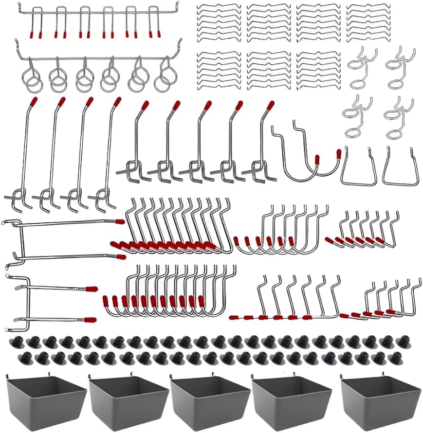 165pcs Metal Hanging Organizer Set, Waterproof Hooks and Storage Boxes for 1-inch Gutter Spacing, Tool Hanging Kit with Hammer, Brush, Drill, Screw for Garage, Warehouse, Garden Use