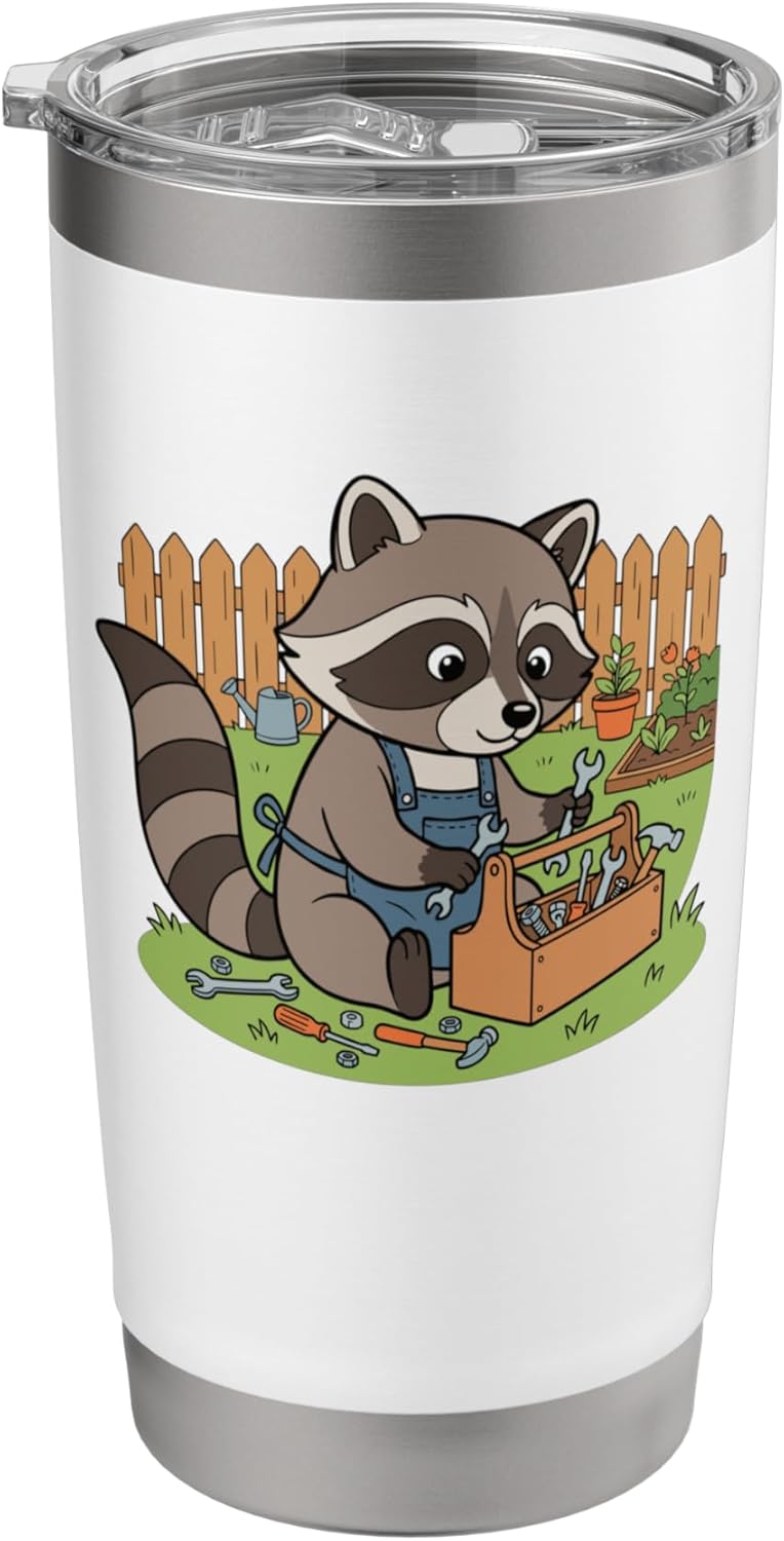 Cute Raccoon Mechanic With Toolbox In Garden Stainless Steel Insulated