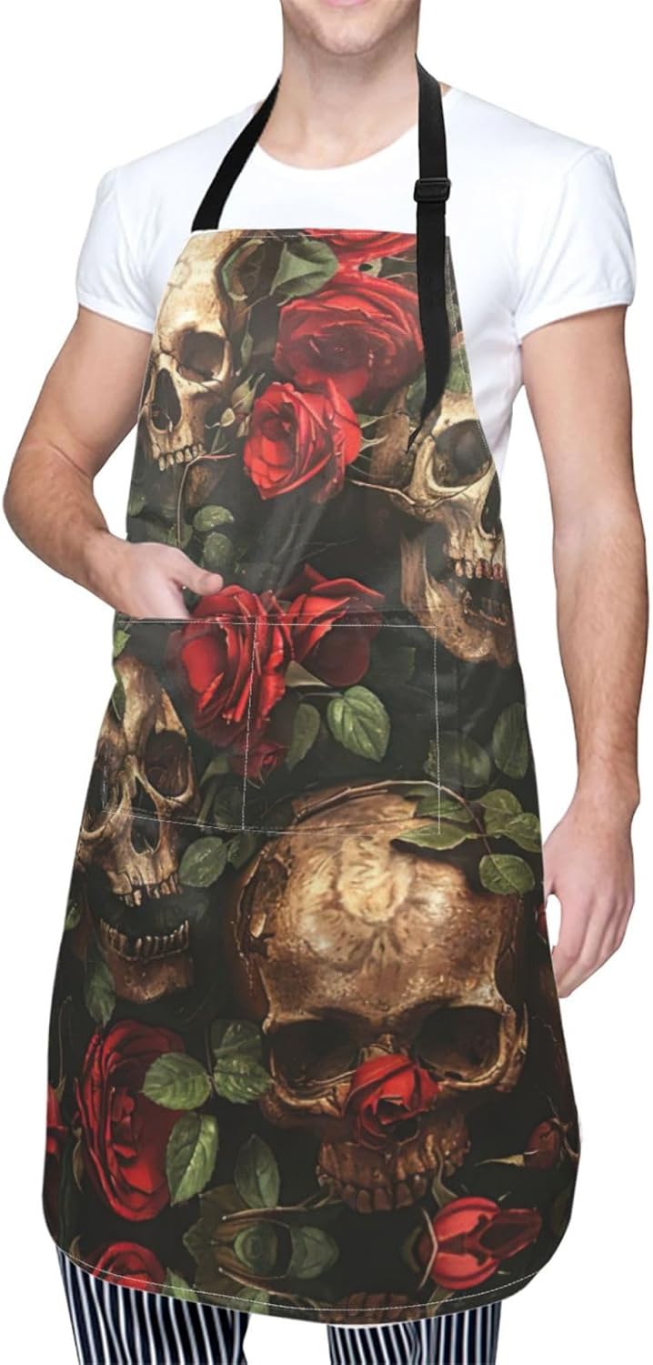 Skull and Red Rose print Waterproof chef's apron with pocket apron for kitchen cooking baking barbecue and gardening