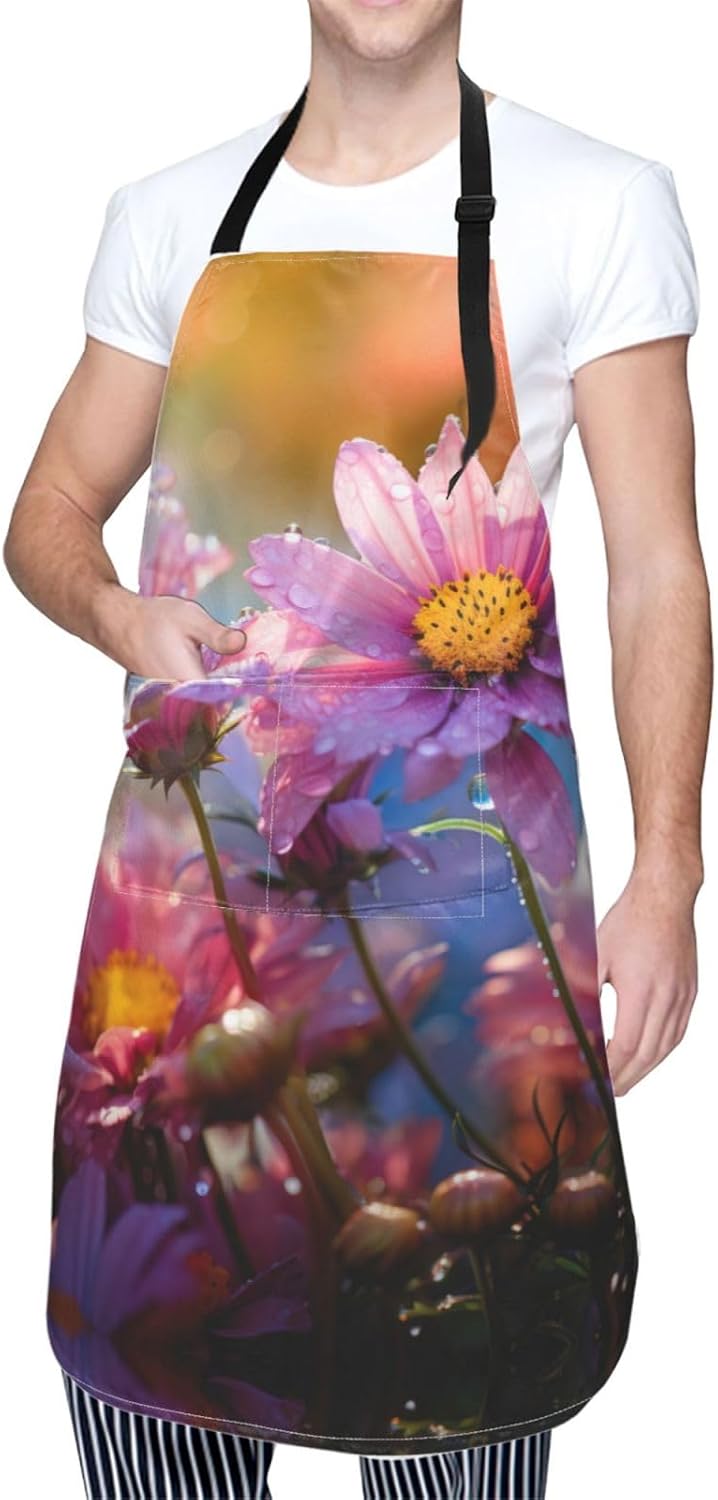 Colored flower print Waterproof apron with pocket adjustable cooking a