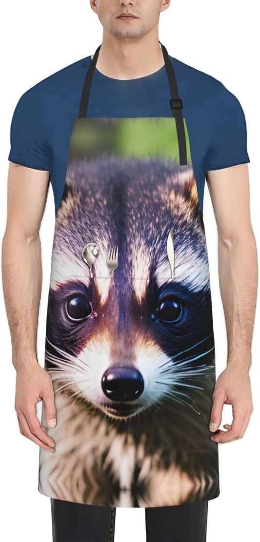 Little Raccoon Face 1 print Waterproof chef's apron with pocket apron for kitchen cooking baking barbecue and gardening