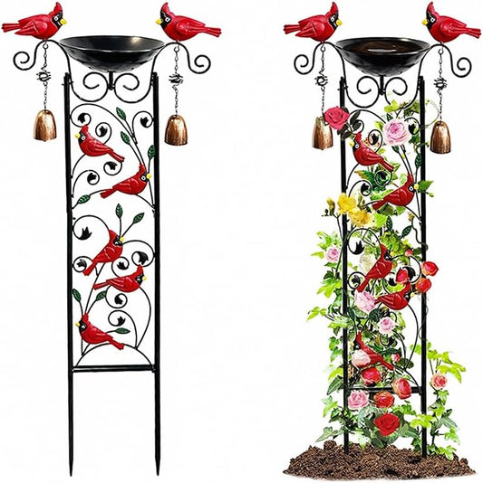 Metal Bird Bath with Trellis,Metal Bird Bath For Outside Decorative Birdbath with Cardinal, Small Garden Plant Support, Antique BirdBath for Climbing Plants with Detachable Iron Bowliron pots