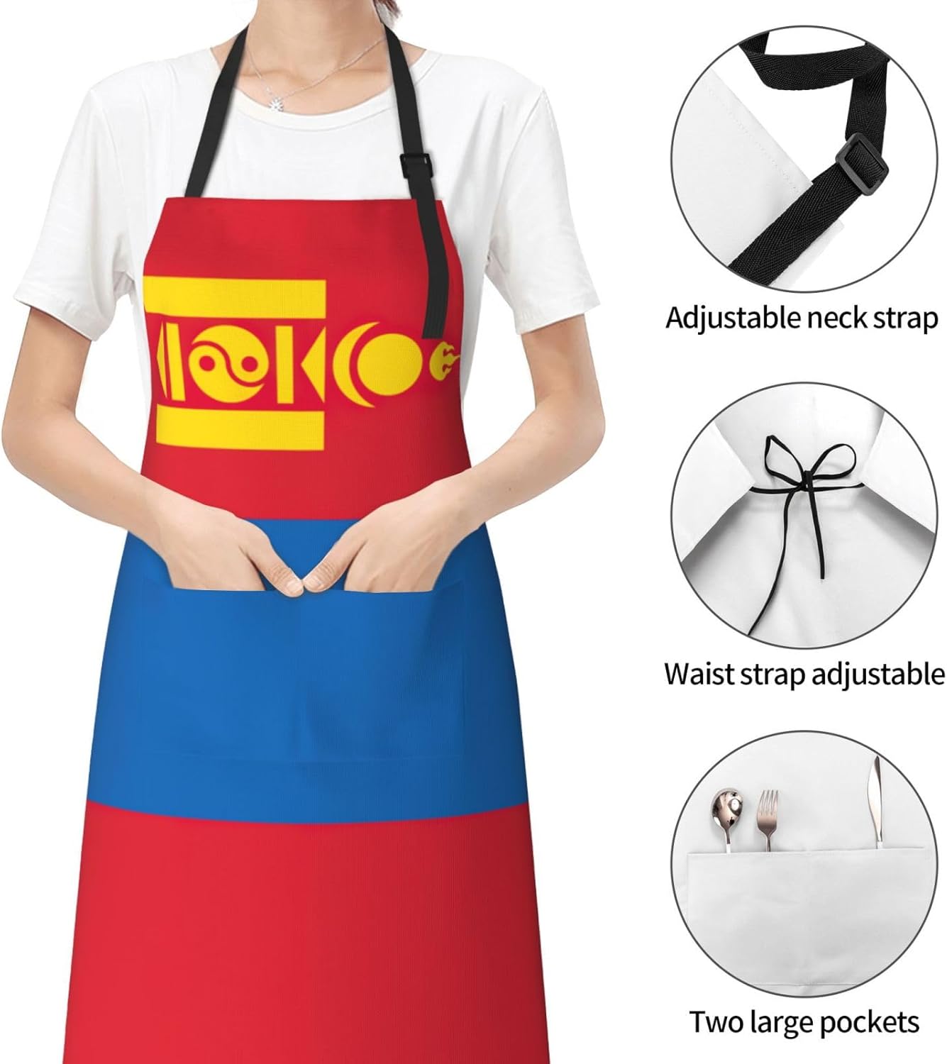 YANYU Mongolian flag Print 28x33 In Kitchen Apron Stylish Chef Apron with Pockets for Cooking Baking Painting
