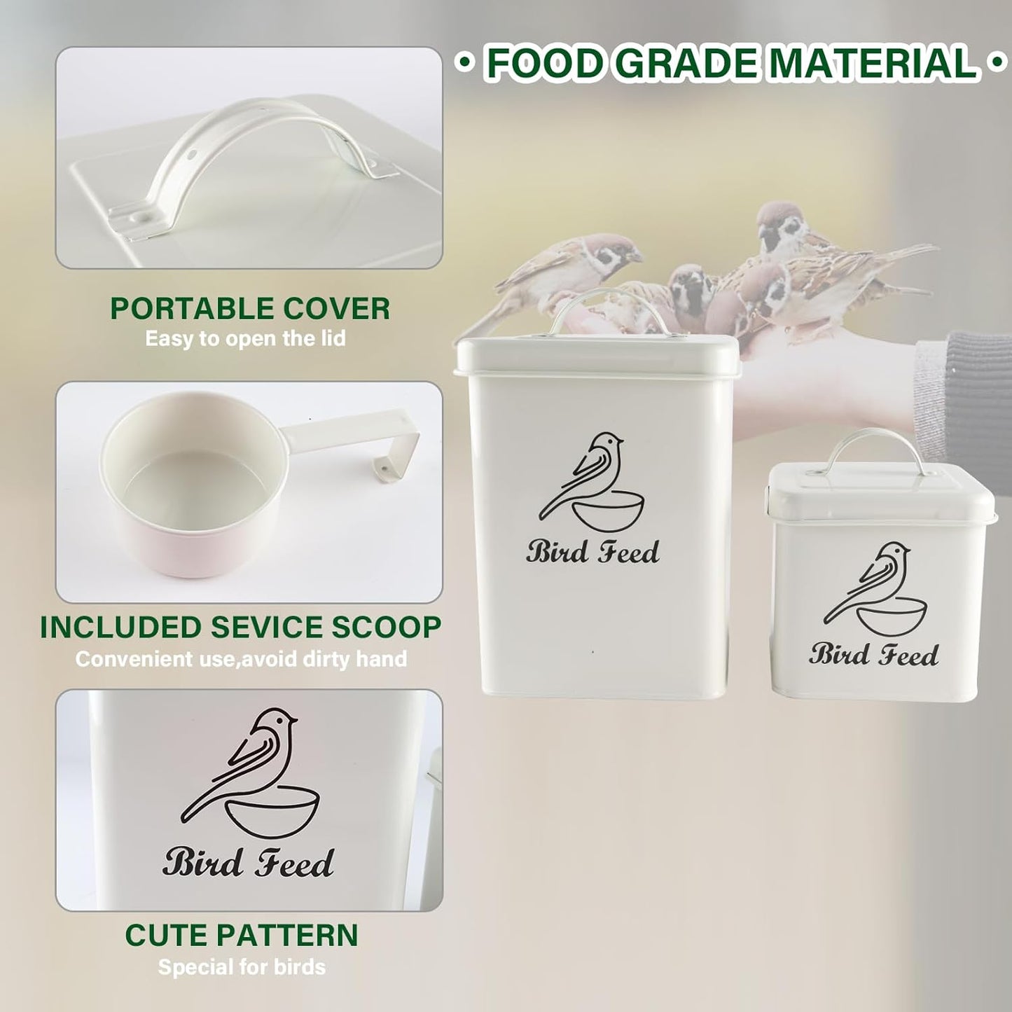 Set of 2 Metal Bird Seed Storage Container,Combined 8lbs Bird Seed Container with Scoop,Wild Bird Food Bins for Storing Sunflower Seed-Sturdy and Squirrel proof-6''x9''+5''x5''-White
