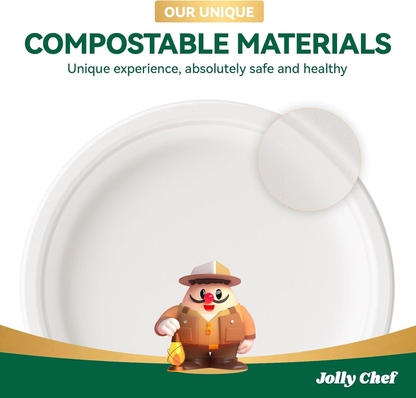 JOLLY CHEF Compostable Heavy Duty Plates 𝟭𝟬 𝗜𝗻𝗰𝗵 [𝟭𝟮𝟱 𝗣𝗮𝗰𝗸] Eco-Friendly Disposable White Paper Plates Made of Bagasse Biodegradable for Party Dinner Sugarcane Fibers Thanksgiving Day