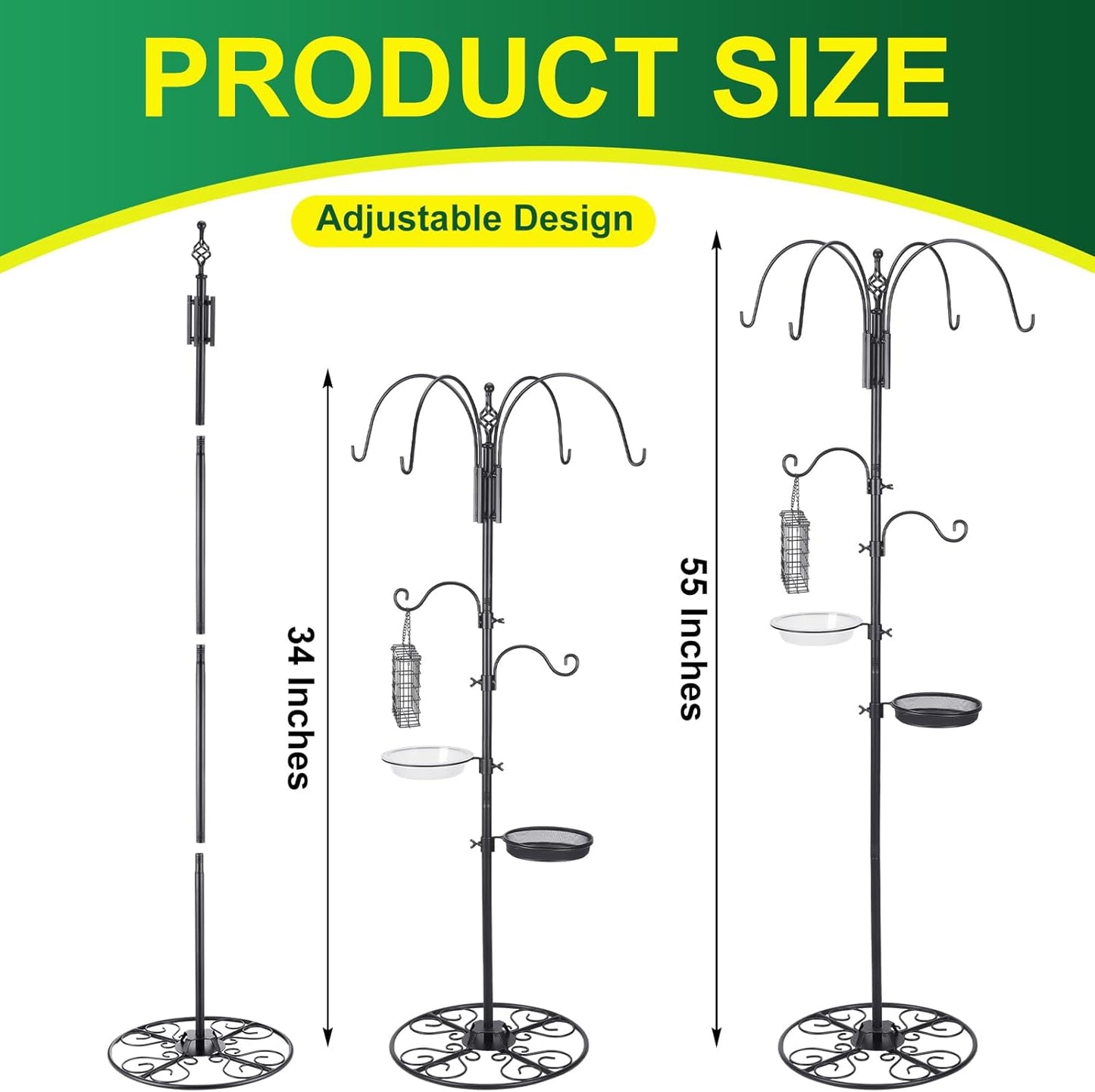Adjustable Shepherd Hook Stand, 34"- 55" Black Iron Shepherd Hook with Base for Plant Hanging, Wind Chime & Bird Feeder - Outdoor Garden Porch Decoration(Elegant Style)