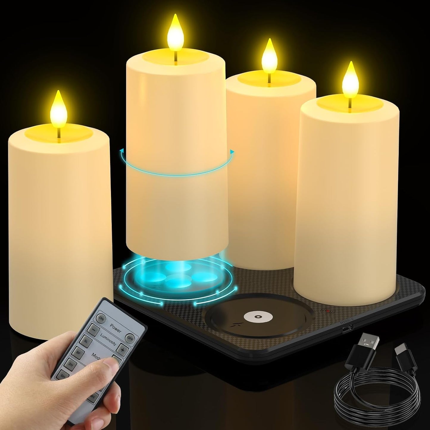SoulBay Flameless Candles Rechargeable, 4 Pack LED Flickering Waterproof White Pillar Candles with Magnetic Charging Base Remote Timer for Indoor Outdoor Lantern Holiday Christmas Décor, 2.75" x 5.1 "
