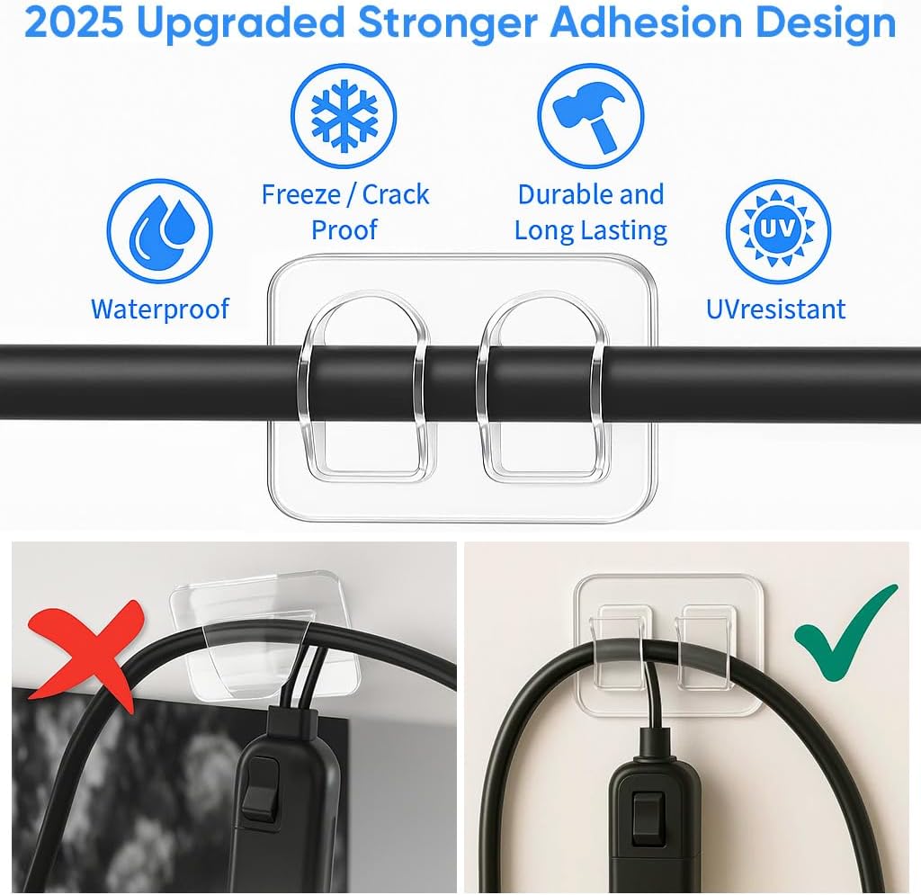Outdoor Garden Lights Hooks 25-Pcs: Waterproof UV-Resistant Light Clips with Adhesive Strips for Spring Summer Wedding Party String Lights - No Damage, Tools-Free Sticky Clip for Holiday Patio Decor