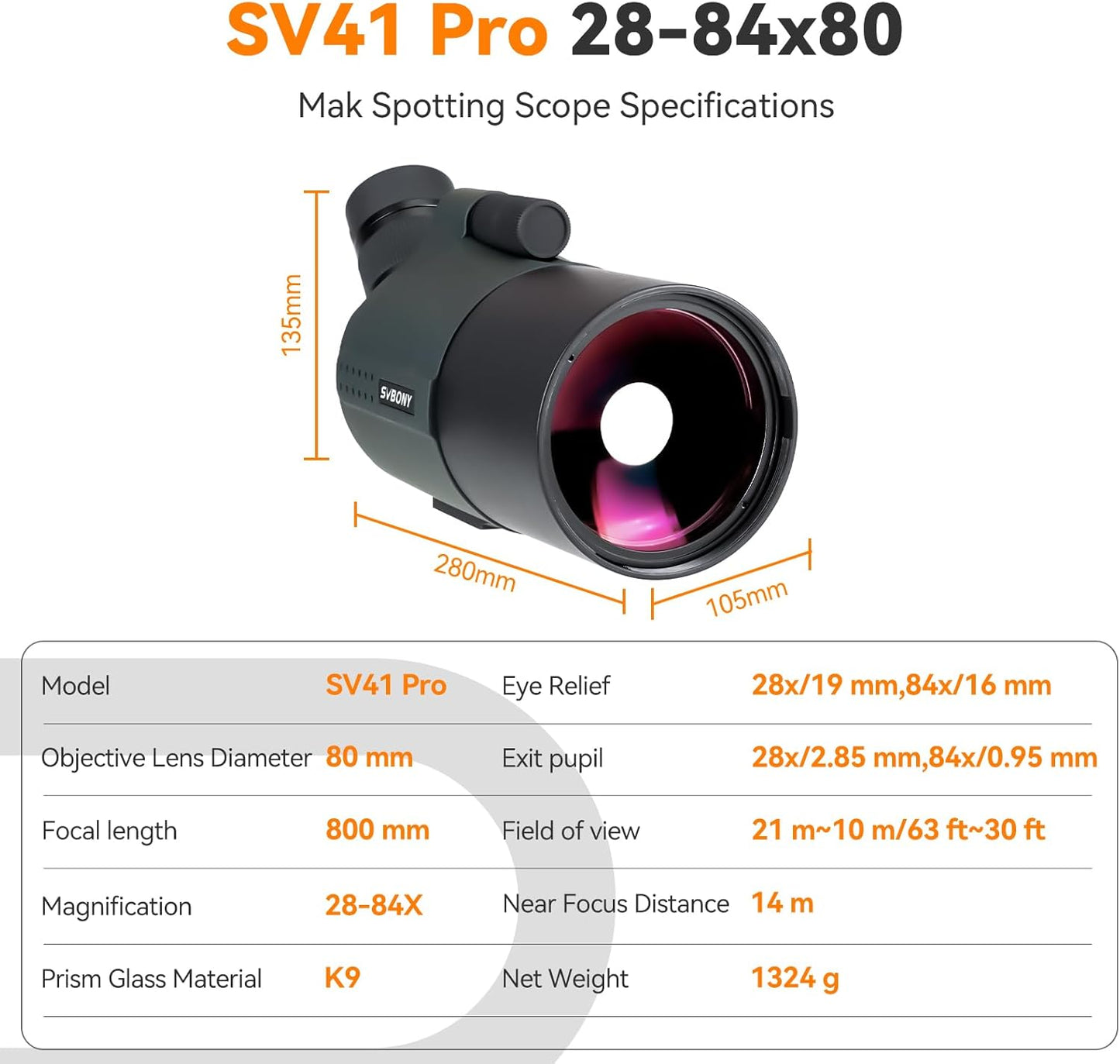 SVBONY SV41Pro 80mm Mak Spotting Scope, Compact Spotter Scope, 28-84X Zoom Eyepiece, 1.8kg Lightweight, Spotting Scopes for Target Shooting, Bird Watching, for Both Terrestrial and Astronomical Use